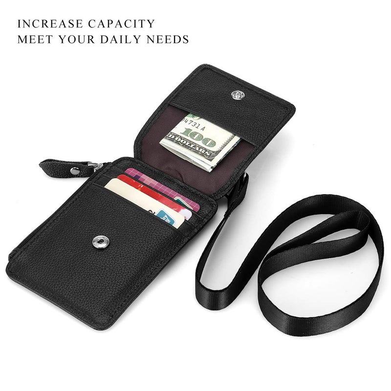HAWEE Badge Holder with Zipper Genuine Leather RFID Keychain Wallet Neck Lanyards with Swivel Hook for Card/Coin/Cash, Black - Image 2